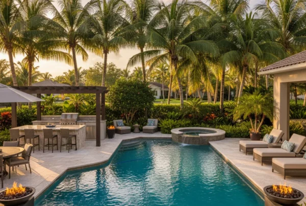 Custom pool and outdoor living area with tropical landscaping in Florida