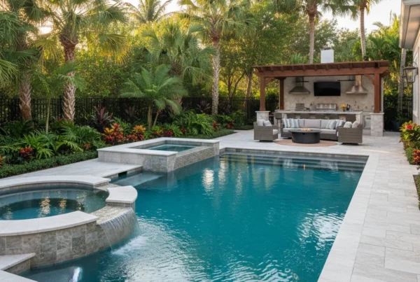 Custom pool and outdoor living area with tropical landscaping in Orlando FL
