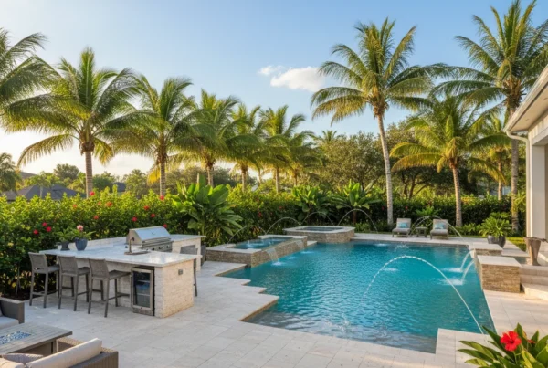 Custom pool and outdoor living area with tropical landscaping in Florida