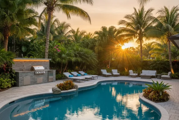 Custom pool and outdoor living area with tropical landscaping in Florida