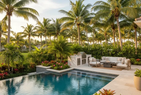 Custom pool and outdoor living area with tropical landscaping in Florida