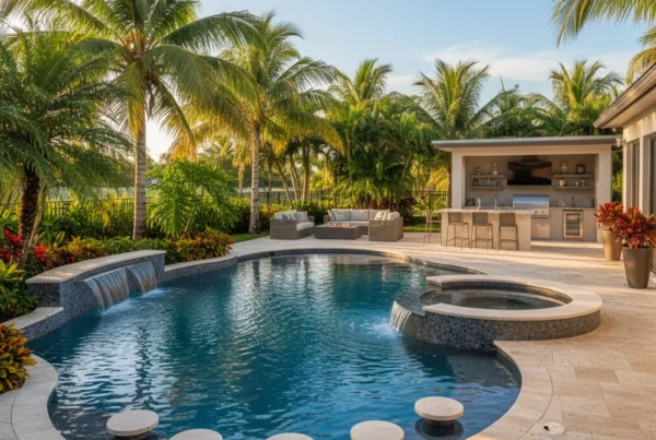 Custom pool with outdoor kitchen and tropical landscaping in Polk County FL