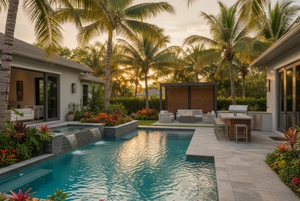 Custom pool and outdoor living area with tropical landscaping in Florida