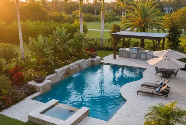 Custom pool and outdoor living area with tropical landscaping in Florida