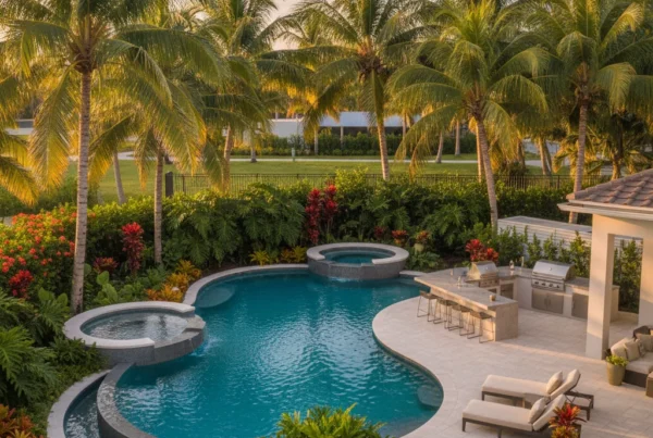 Custom pool and outdoor living area with tropical landscaping in Florida
