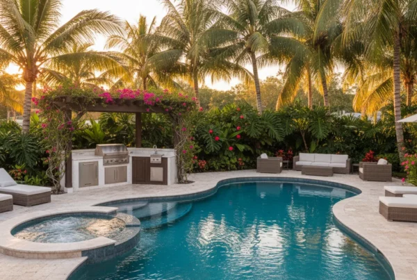 Custom pool and outdoor living area with tropical landscaping in Florida