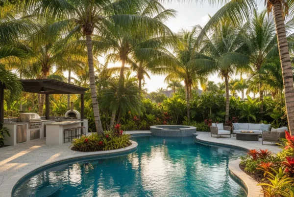 Custom pool and outdoor living area with tropical landscaping in Florida