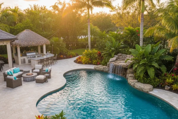 Custom pool and outdoor living area with tropical landscaping in Florida
