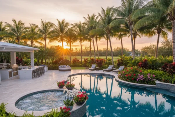 Custom pool with tropical landscaping and outdoor kitchen in Florida backyard
