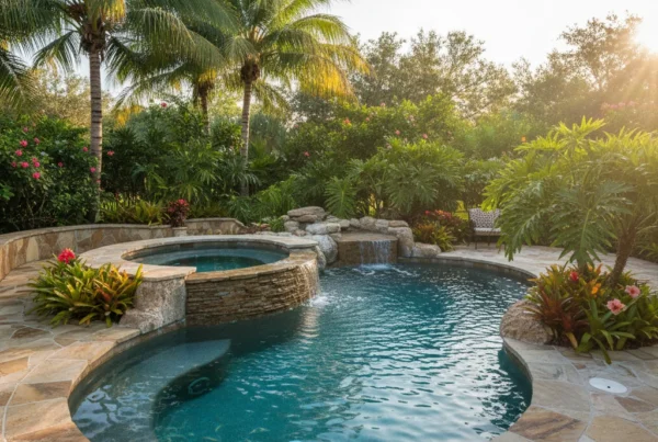 Custom freeform spa with tropical landscaping in Central Florida backyard