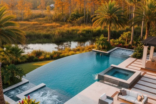 Infinity pool with tropical landscaping in Central Florida backyard