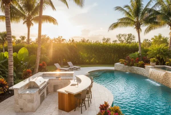 custom outdoor kitchen and pool in Central Florida with palm trees