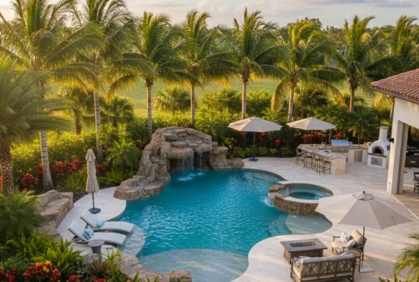 Custom pool and outdoor living area with tropical landscaping in Central Florida