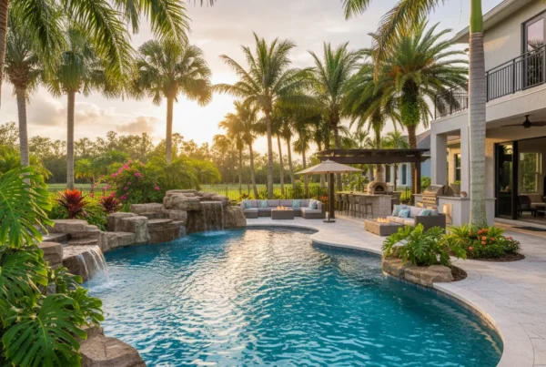 Custom pool with tropical landscaping in Central Florida backyard