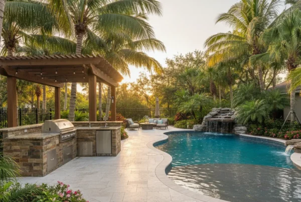 Custom outdoor kitchen and pool with tropical landscaping in Central Florida