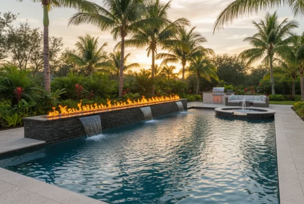 Custom fire and water feature spa with tropical landscaping in Central Florida