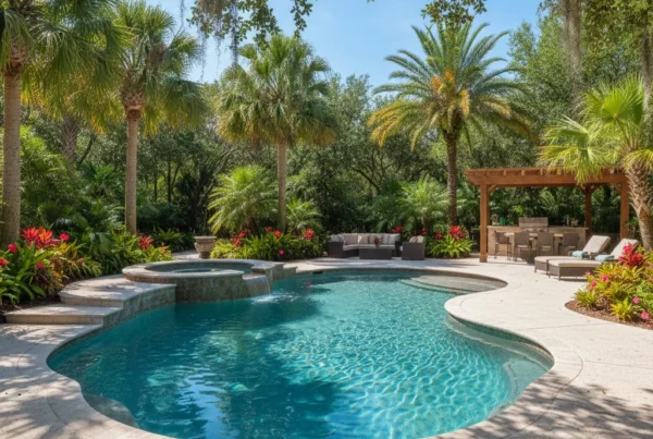 Custom gunite pool with tropical landscaping in Central Florida backyard