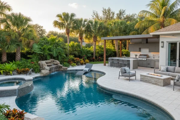 Custom pool with tropical landscaping in Central Florida backyard