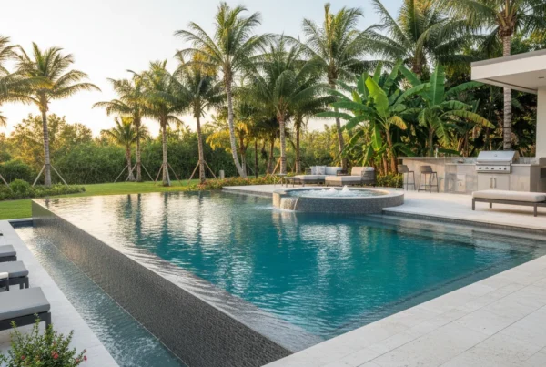 Infinity pool with vanishing edge and tropical landscaping in Central Florida