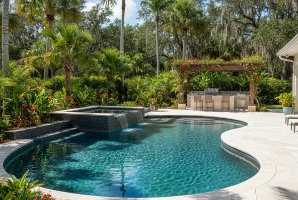 Custom pool with spa and outdoor kitchen in central florida tropical setting