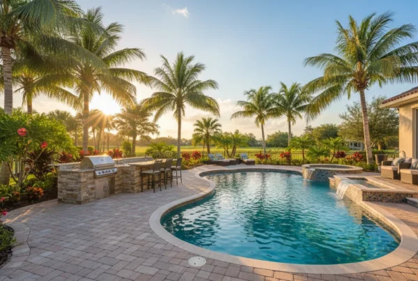 Custom outdoor kitchen and pool with tropical landscaping in Central Florida