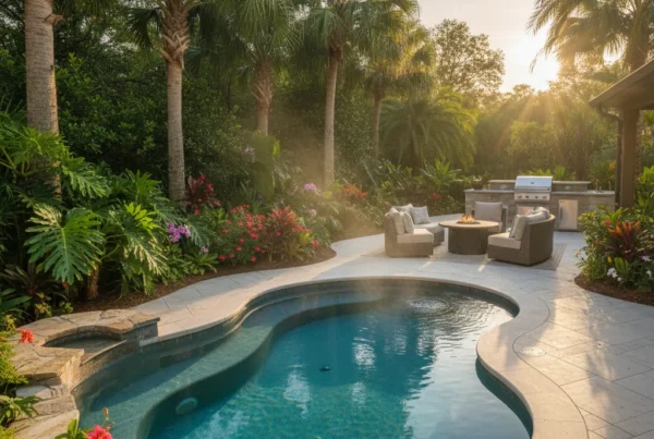 Inground spa heating in Central Florida with tropical landscaping