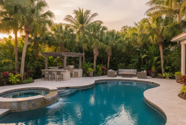 Custom pool with tropical landscaping and outdoor living in Central Florida