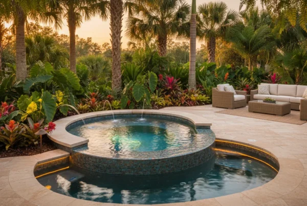 Custom inground spa in a tropical backyard in Central Florida