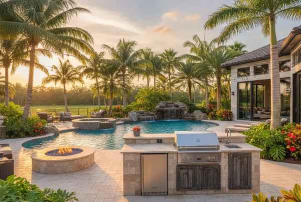 Custom outdoor kitchen and pool with tropical landscaping in Central Florida