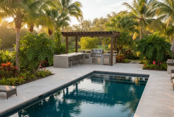 Custom pool with tropical landscaping in Central Florida during golden hour