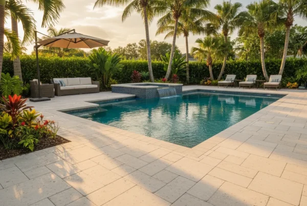 Custom pool deck resurfacing in Central Florida with tropical landscaping