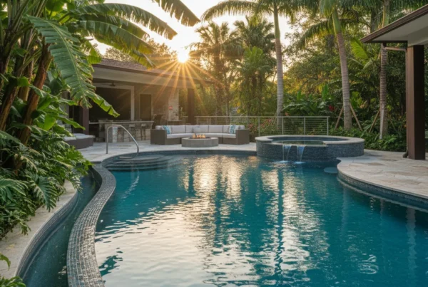 Custom pool and outdoor living area in Central Florida with palm trees