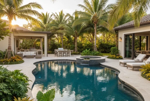 Custom pebble finish pool with tropical landscaping in Central Florida