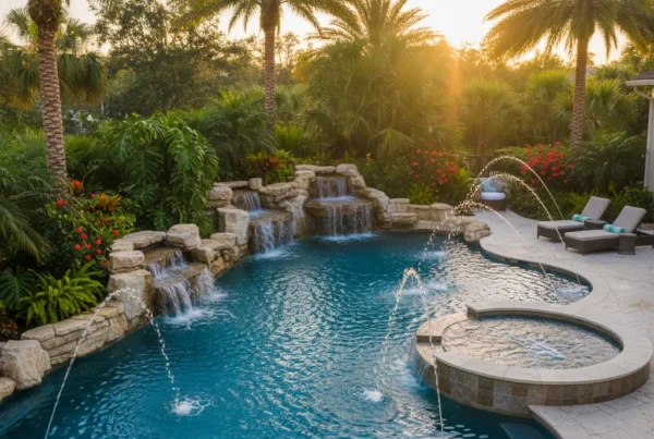 Custom pool with water features and tropical landscaping in Central Florida