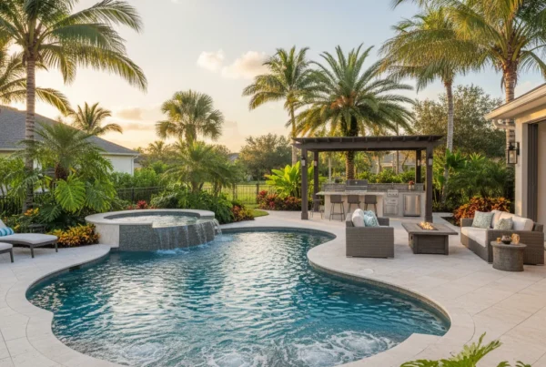 Custom pool and outdoor living area in Central Florida with palm trees