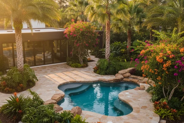 Central Florida inground spa with tropical landscaping and stone deck