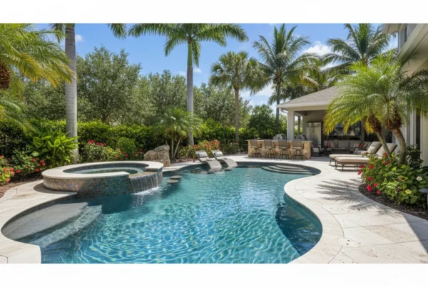 Custom pool and outdoor living area with tropical landscaping in Central Florida