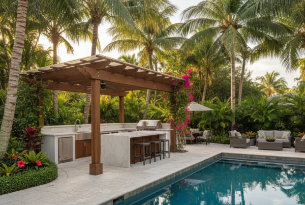 Florida outdoor kitchen with pool and pergola under golden hour sunlight