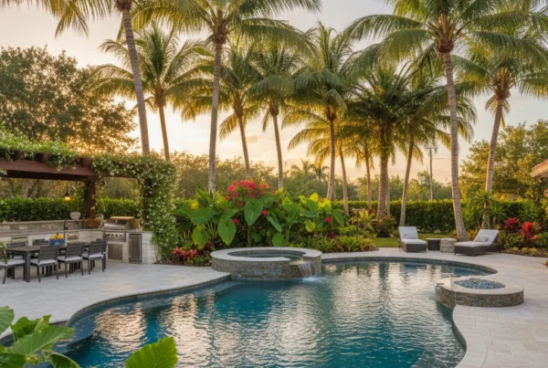 Custom pool and outdoor living area with tropical landscaping in Florida