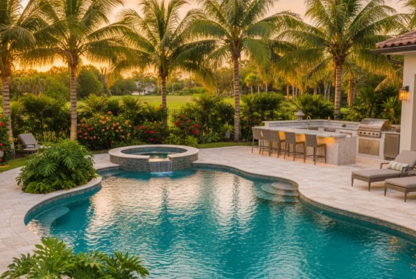 custom pool and outdoor living area with tropical landscaping in Florida