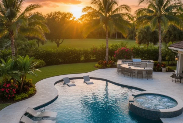 Custom pool with tropical landscaping and outdoor kitchen in Florida