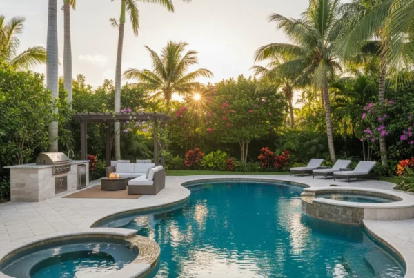 custom pool and outdoor living area with tropical landscaping in Florida