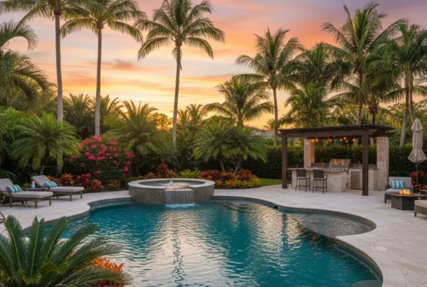Custom pool and outdoor living area with tropical landscaping in Florida