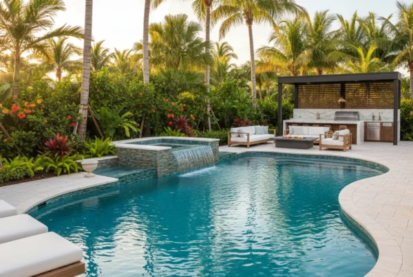 Custom pool and outdoor living area with tropical landscaping in Florida