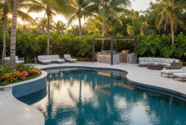 Custom pool and outdoor living area with tropical landscaping in Florida