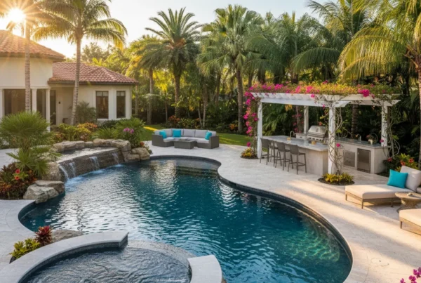 Custom pool and outdoor living area with tropical landscaping in Florida