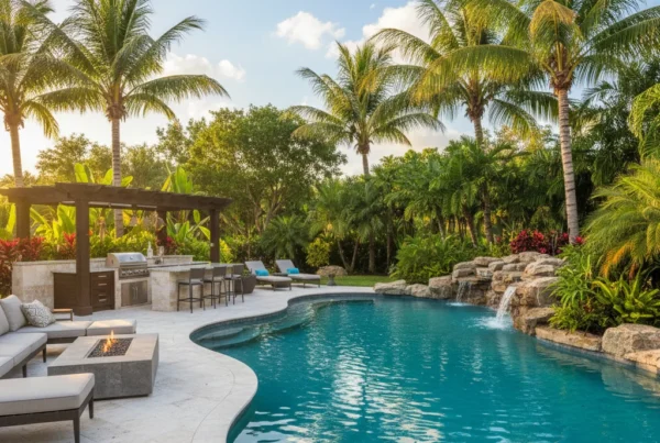 Custom pool and outdoor living area with tropical landscaping in Florida