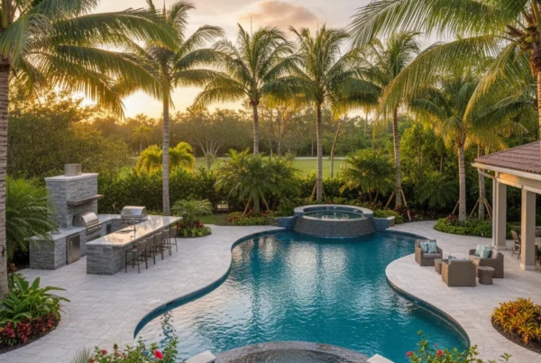 Custom pool and outdoor living area with tropical landscaping in Florida