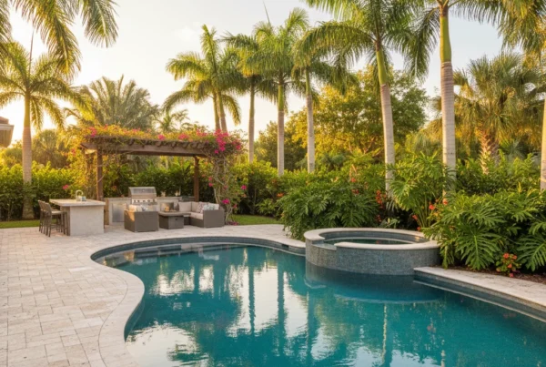 Custom pool and outdoor living area with tropical landscaping in Florida