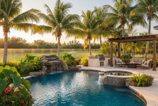 Custom pool and outdoor living area with tropical landscaping in Florida